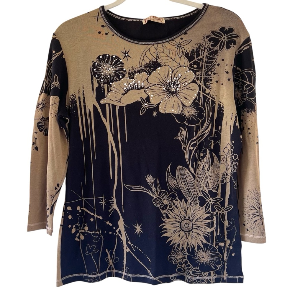Blue Canyon Los Angeles Long Sleeve Graphic Floral Top Sz L Made in USA Y2K Boho